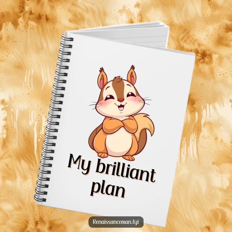 Funny notebook featuring a delighted squirrel leaning back, arms crossed, with a knowing look, perfect for notes.