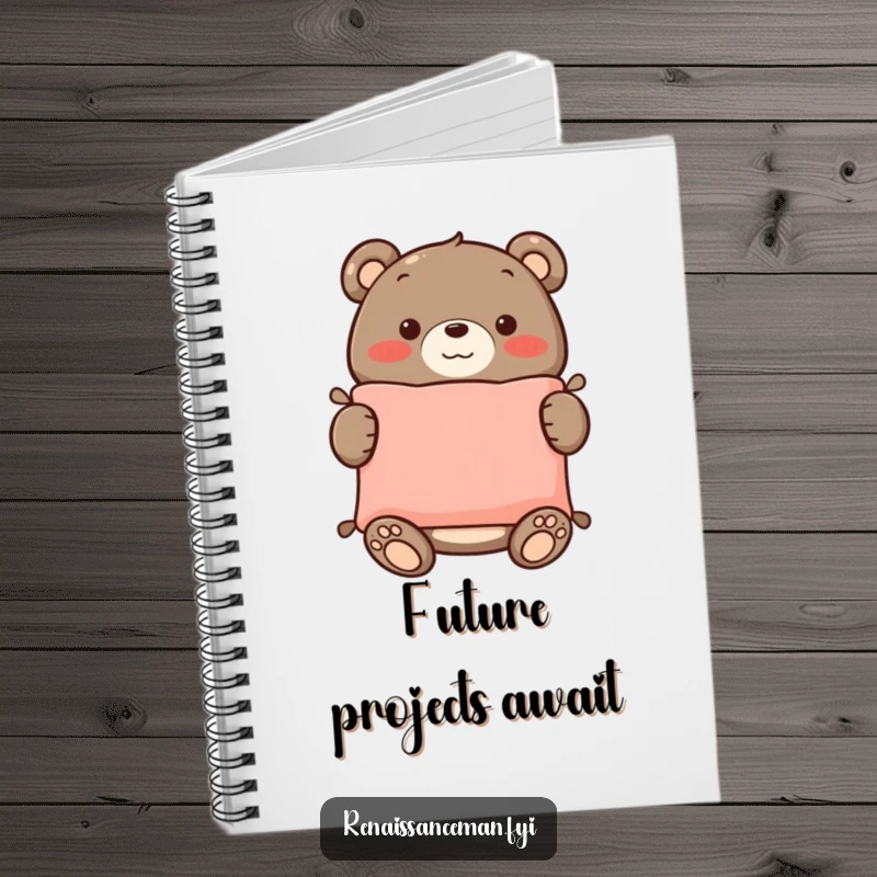Funny notebook cover with a proud bear displaying a perfectly sewn cushion, inspiring creativity and organization.