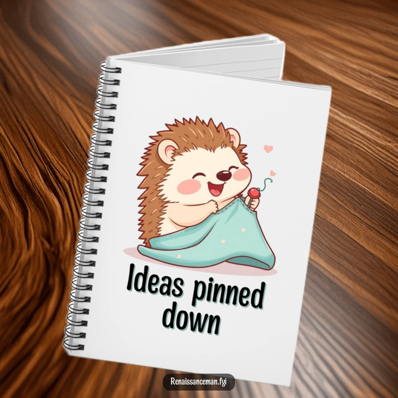 Funny notebook cover featuring a joyful hedgehog meticulously pinning a sewing pattern onto fabric, perfect for project planning.