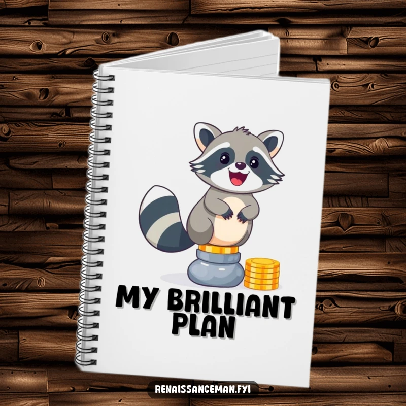 Funny raccoon coin notebook. A delighted raccoon poses with a precarious stack of shiny coins, inspiring note-taking.