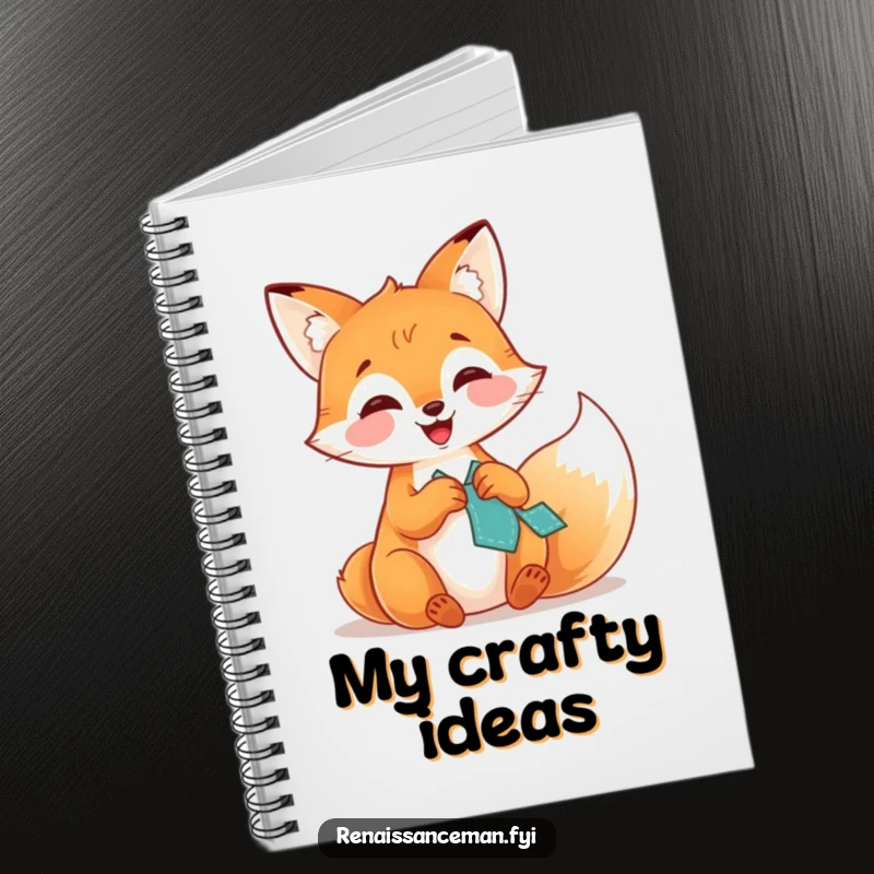 Funny notebook with a giggling fox stitching a patch on its cover, inspiring creativity and humor for note-taking.