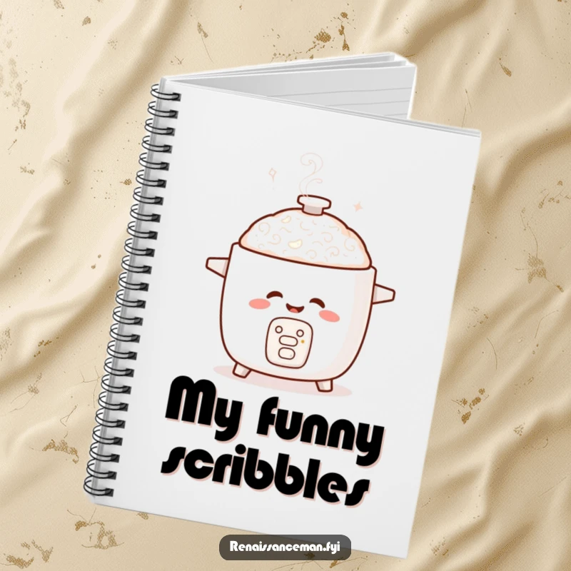 Funny notebook featuring a giggling rice cooker with playful steam swirls, ideal for notes, ideas, or daily journaling.