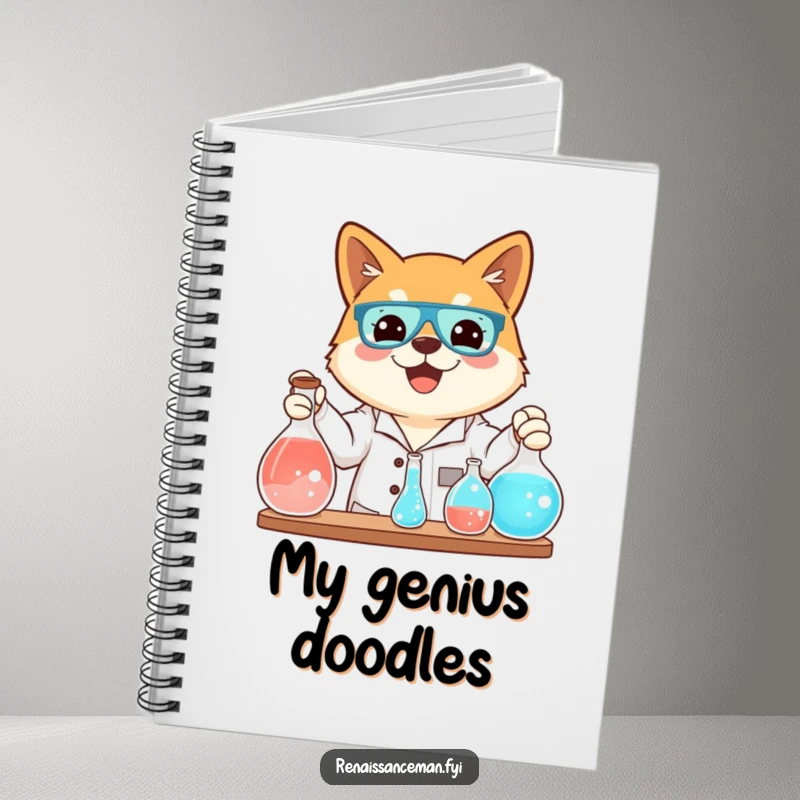 Funny notebook with a beaming Shiba Inu demonstrating a science experiment, perfect for jotting down bright ideas and scientific notes.
