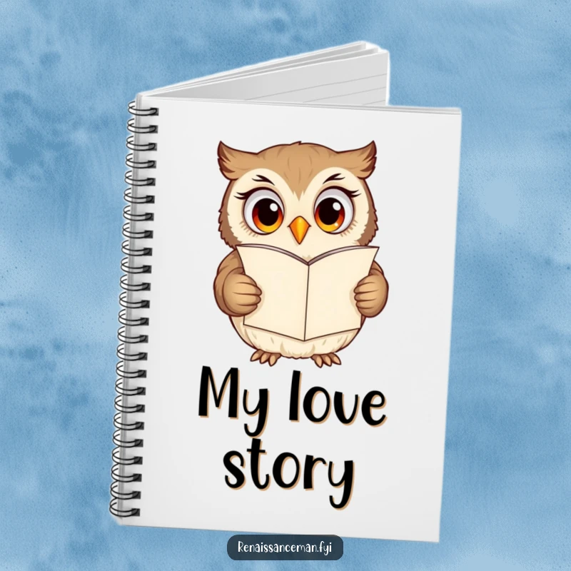 Funny owl notebook, curious owl with wide eyes reading a romantic love letter, creative writing tool.