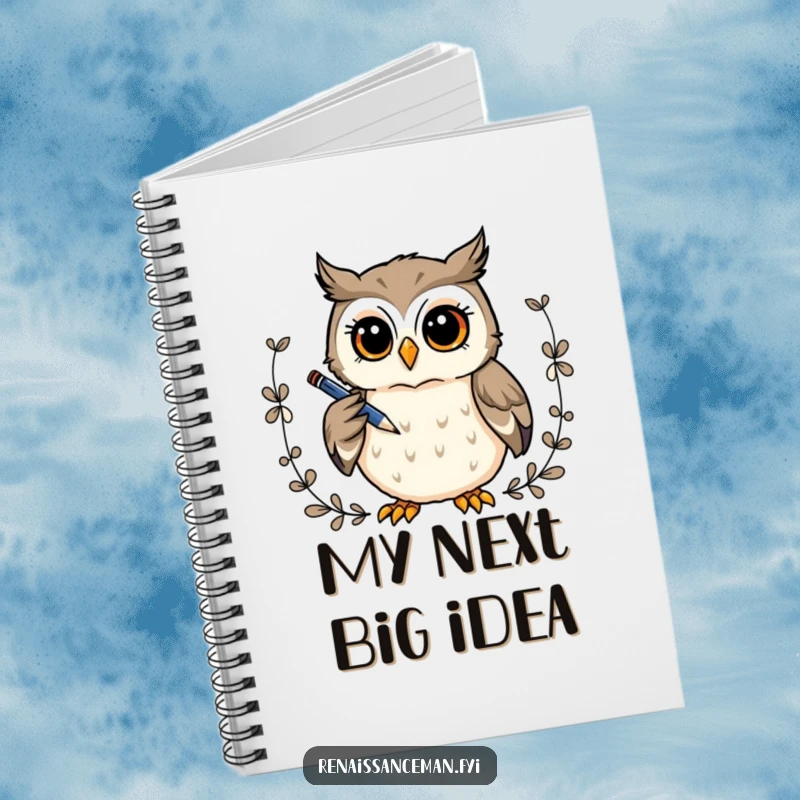 Funny notebook: A curious owl thoughtfully draws a decorative border, ideal for journaling creative ideas.