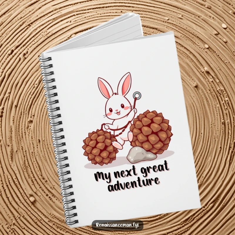 Funny notebook with a cheerful bunny using a grappling hook to climb a pinecone, perfect for jotting down humorous thoughts.