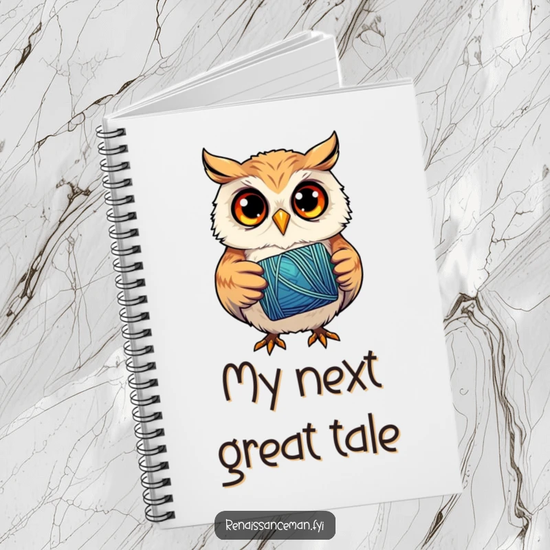 Funny notebook cover with a curious owl holding a spool of thread, eyes focused, inspiring detailed planning.