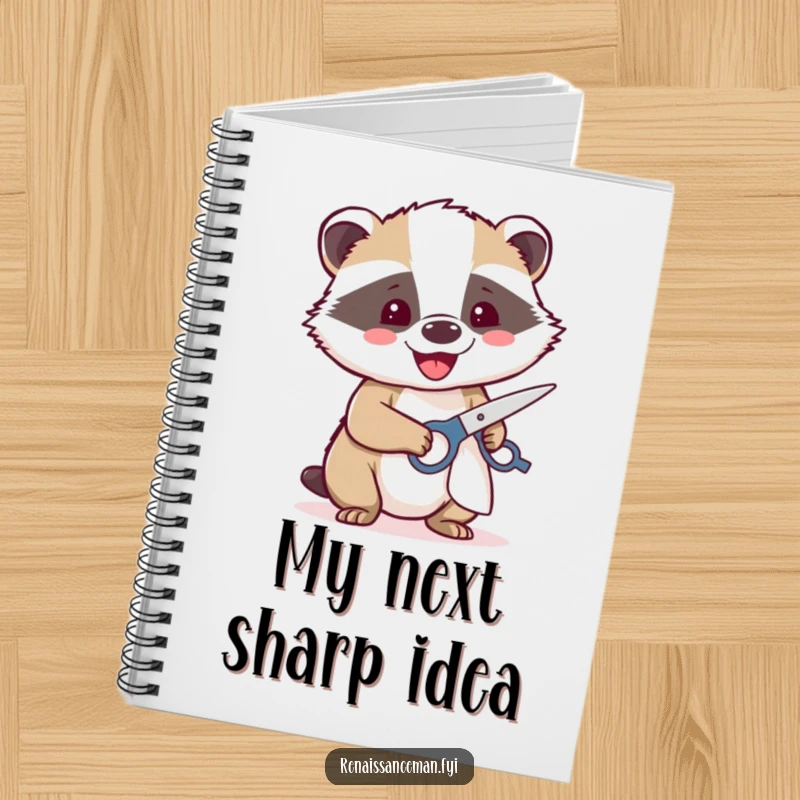 Funny notebook cover with a beaming badger happily using sharp scissors, inspiring precise planning.