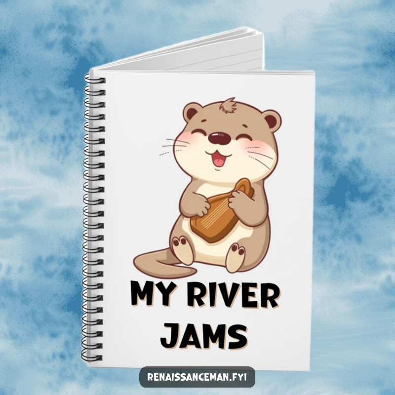 Funny otter playing a tiny harp, a notebook designed for composing musical ideas and thoughts with adorable artistic flair.