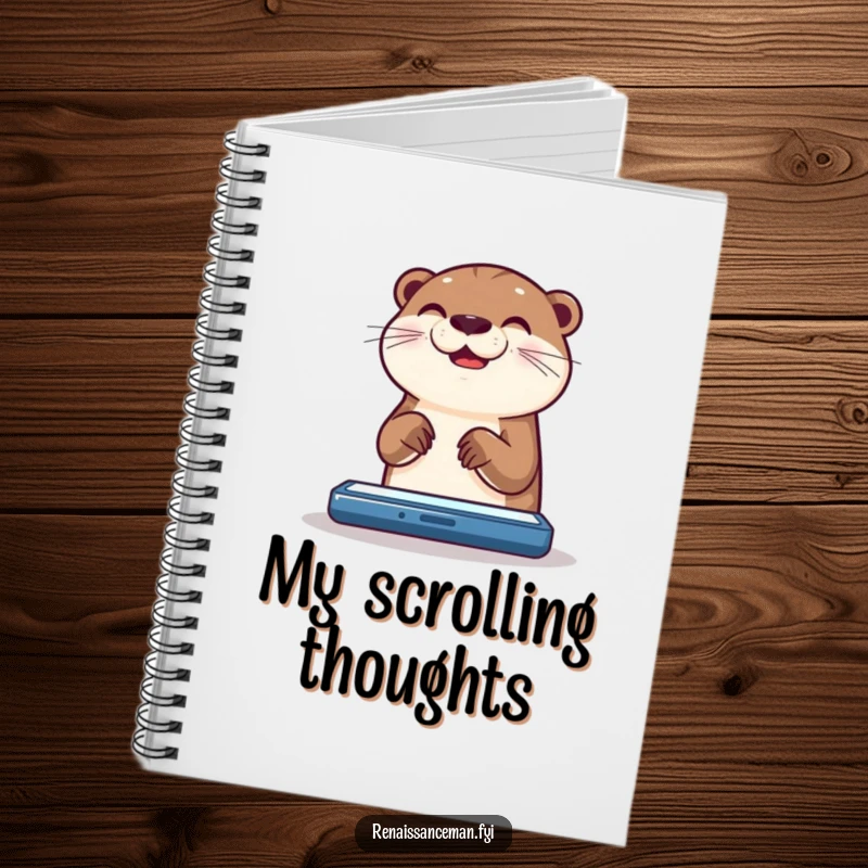 Funny otter notebook with a happy otter scrolling on a bright screen, perfect for note-taking.