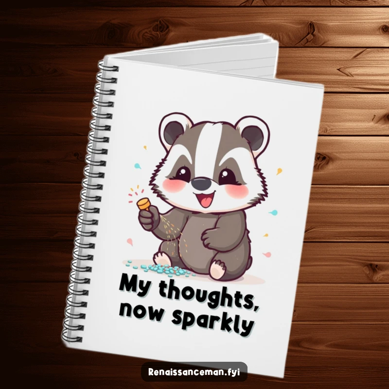 Funny badger glitter notebook, ideal for jotting down creative ideas, featuring a delighted badger sprinkling glitter, a fun and useful gift for writers.