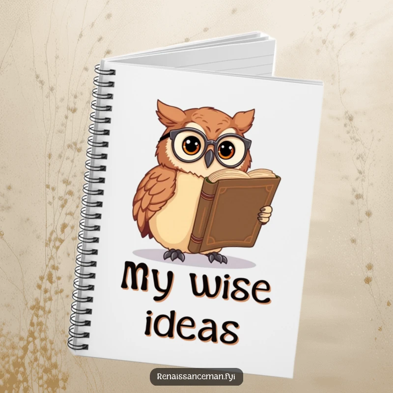 Funny owl notebook, featuring an owl with spectacles reading a large book, perfect for jotting down notes and scholarly musings.