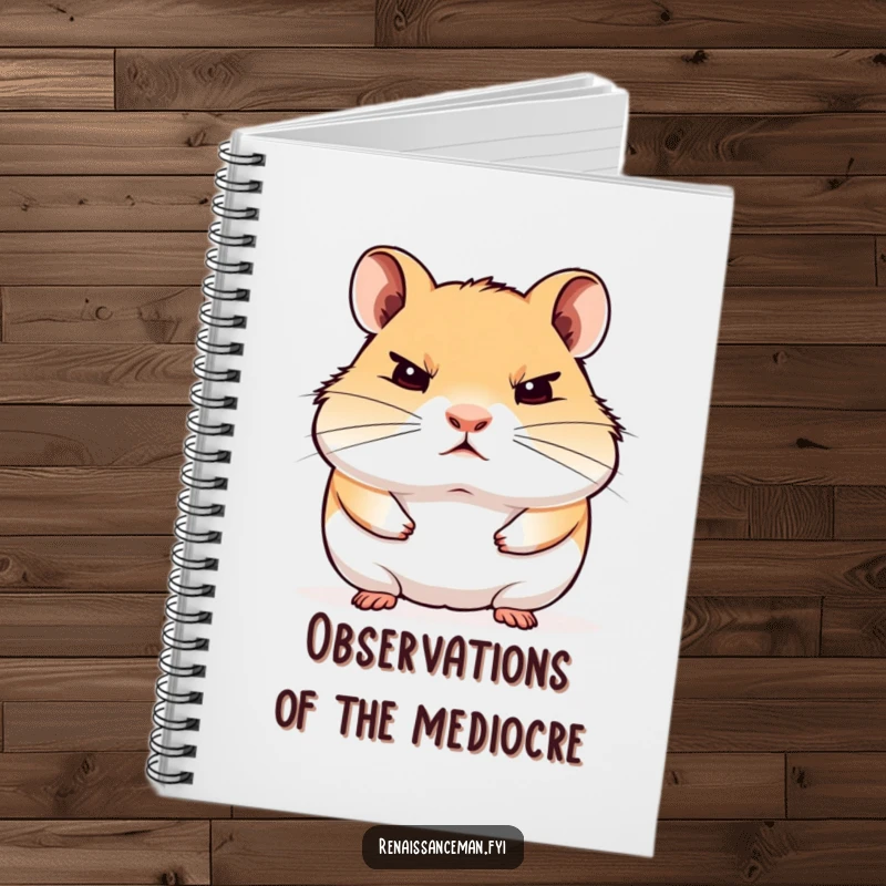 Funny notebook with a proud hamster staring blankly with disdain, perfect for journaling critical thoughts.