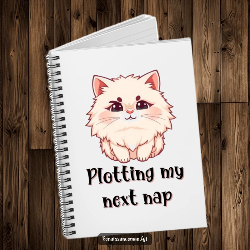 Funny cat notebook, a fluffy cat with a raised eyebrow and a subtle smirk, perfect for note-taking and journaling.