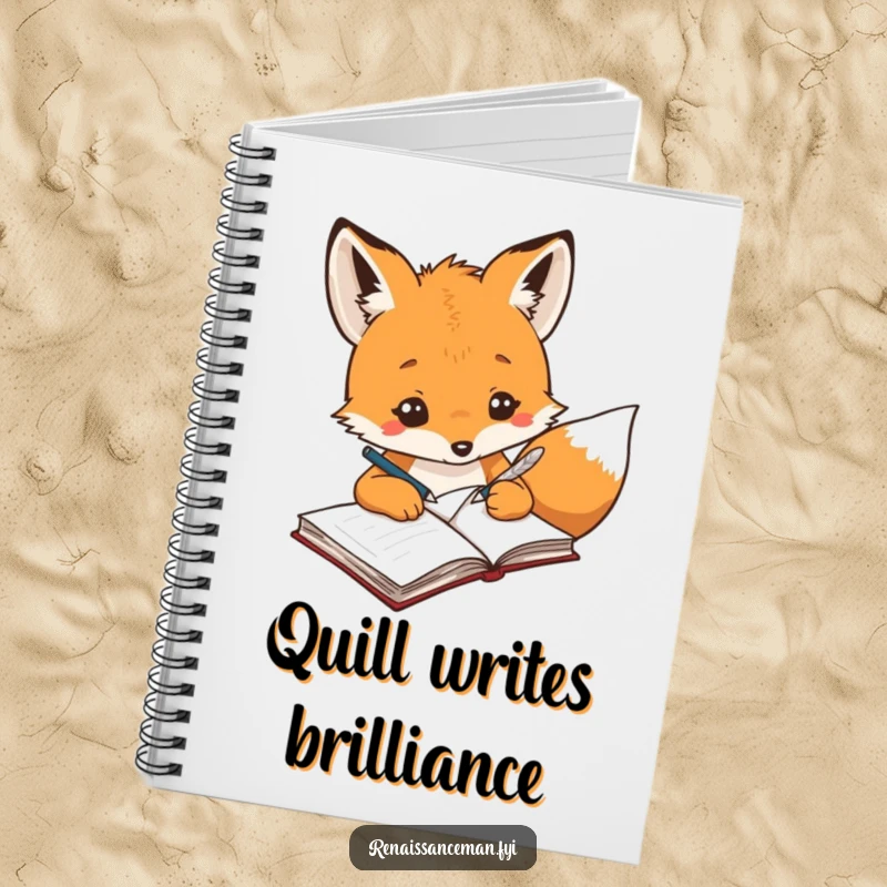 Funny creative fox with a quill pen, writing ideas in a notebook, ideal for jotting notes.