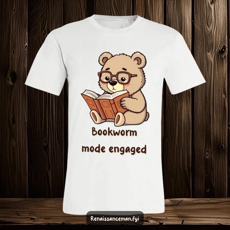 Funny scholarly bear with spectacles, intently reading an old, large book, depicted on a stylish t-shirt.