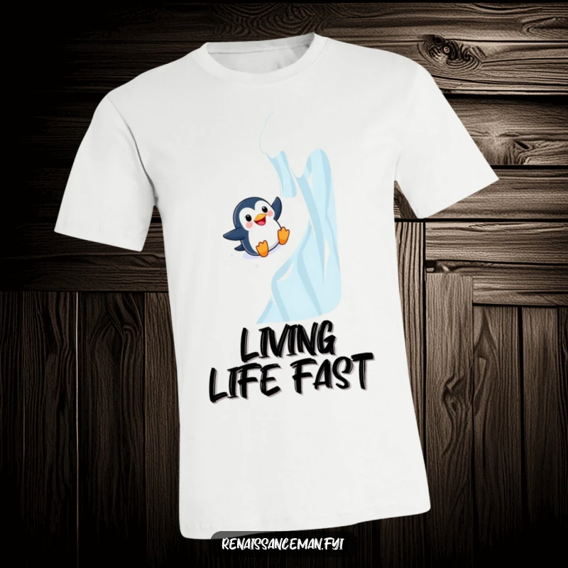 Funny Adventurous Penguin Sliding Down a Steep Icy Wall with Joy, Humorous T-Shirt.