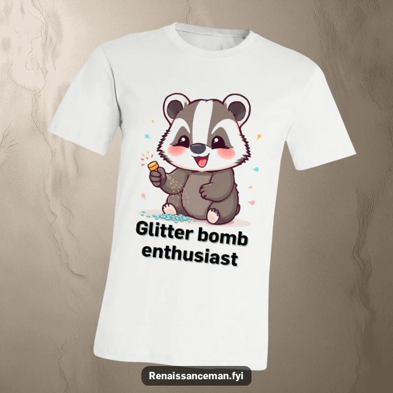 Funny badger glitter t-shirt, depicting a happy badger applying glitter with enthusiasm, ideal for craft lovers and a wonderfully shiny gift option.