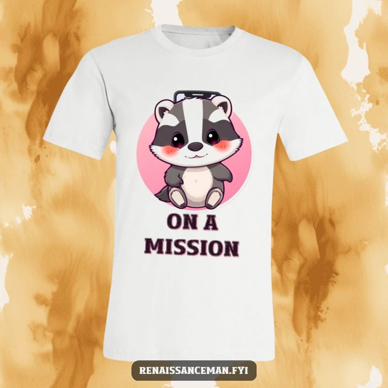 Funny beaming badger focused on a phone screen, swiping through apps. Determined and funny t-shirt.