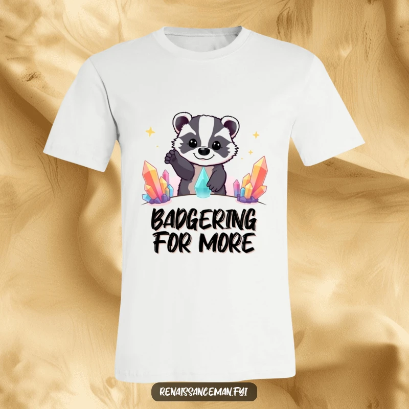 Funny Beaming Badger Extending Paw Towards Distant Colorful Crystal Formation, Humorous T-Shirt.