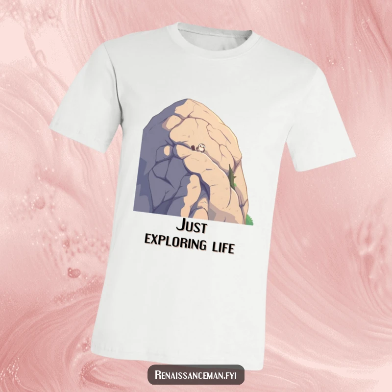 Funny t-shirt featuring a curious bird peering over a gigantic boulder, perfect for nature lovers with a sense of humor.