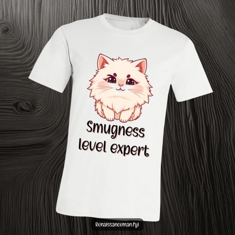 Funny cat t-shirt, a fluffy cat with a raised eyebrow and a slight smirk, exuding sass and humor.