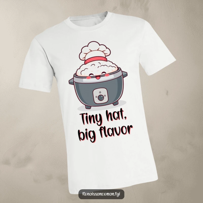 Funny t-shirt showcasing a delighted rice cooker wearing a small chef hat, beaming with pride and culinary enthusiasm.
