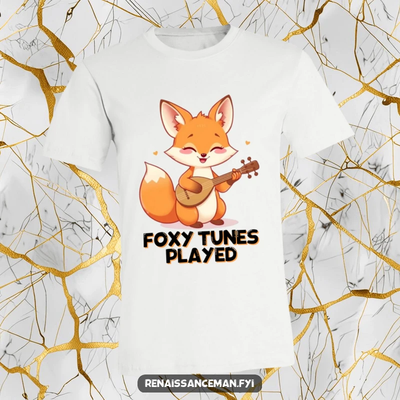 Funny T-shirt with a cheerful fox playing a tiny lute, perfect for music lovers and fans of whimsical charm.