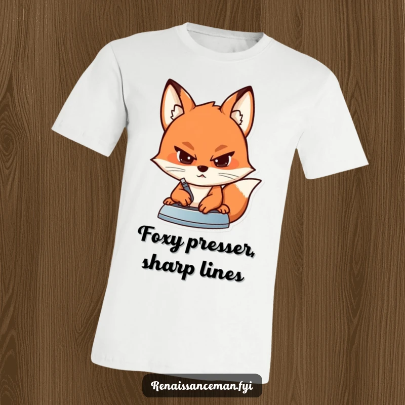 Funny t-shirt graphic of a determined fox with a concentrated look, using an iron to press a seam on fabric.