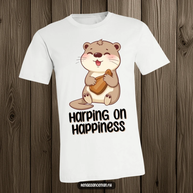 Funny beaming otter playing a tiny harp, showcasing musical talent and adorable charm on a fun and comfortable t-shirt.