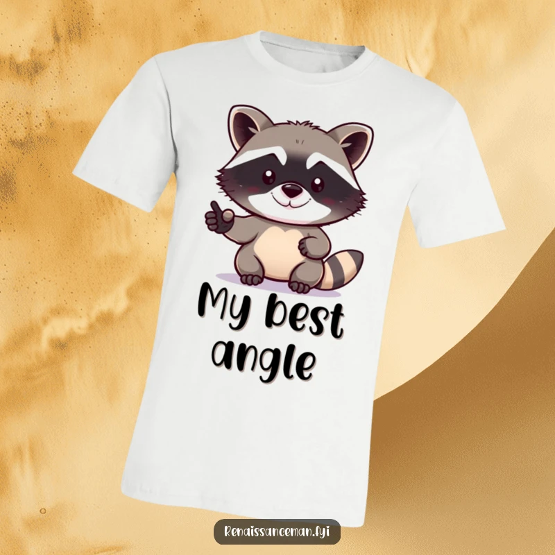 Funny raccoon t-shirt featuring a determined raccoon taking a selfie with a tiny grin, showcasing its cheeky personality.