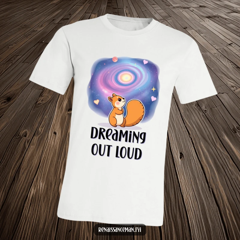 Funny t-shirt with a cheerful squirrel character gazing dreamily at a swirling galaxy. Captures wonder and cosmic exploration.