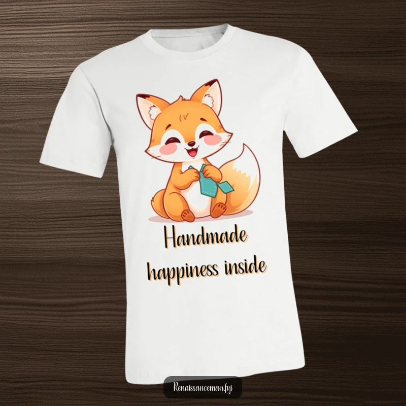 Funny t-shirt featuring a joyful fox with a wide grin, busy stitching a patch onto fabric, highlighting its funny crafting passion.