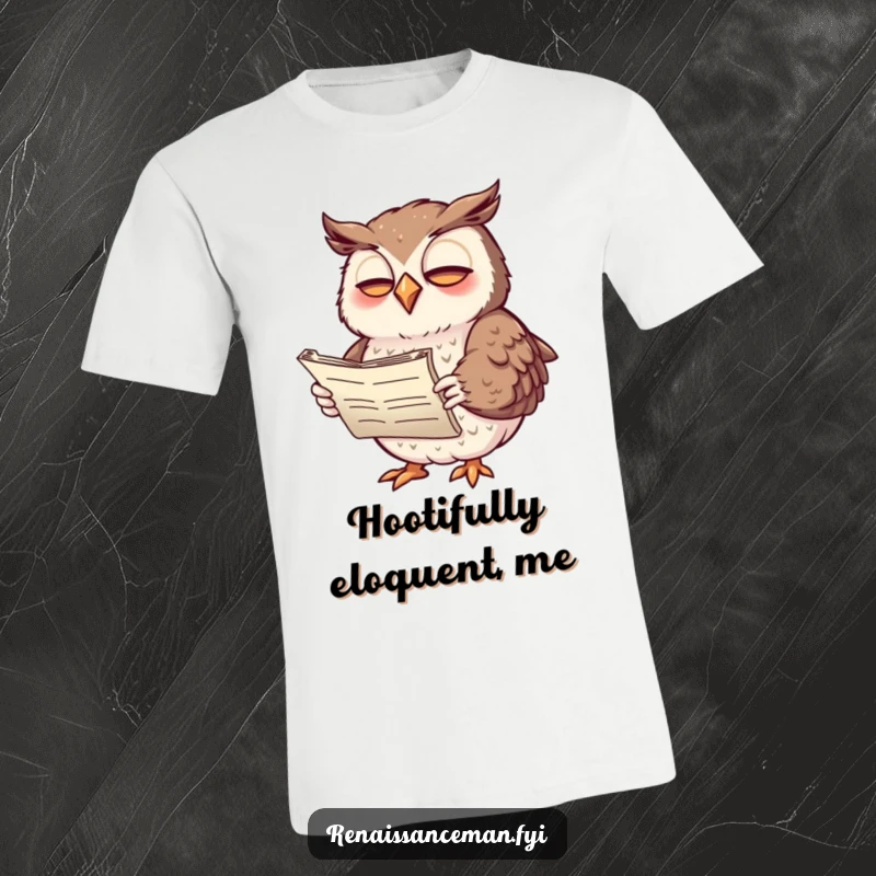 Funny t-shirt showcasing a giggling owl poet with animated wing gestures, holding a scroll, perfect for literary humor enthusiasts.
