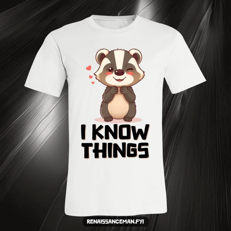 Funny t-shirt with a giggling badger whispering secrets, exuding playful mischief and humor, ideal for gifts.