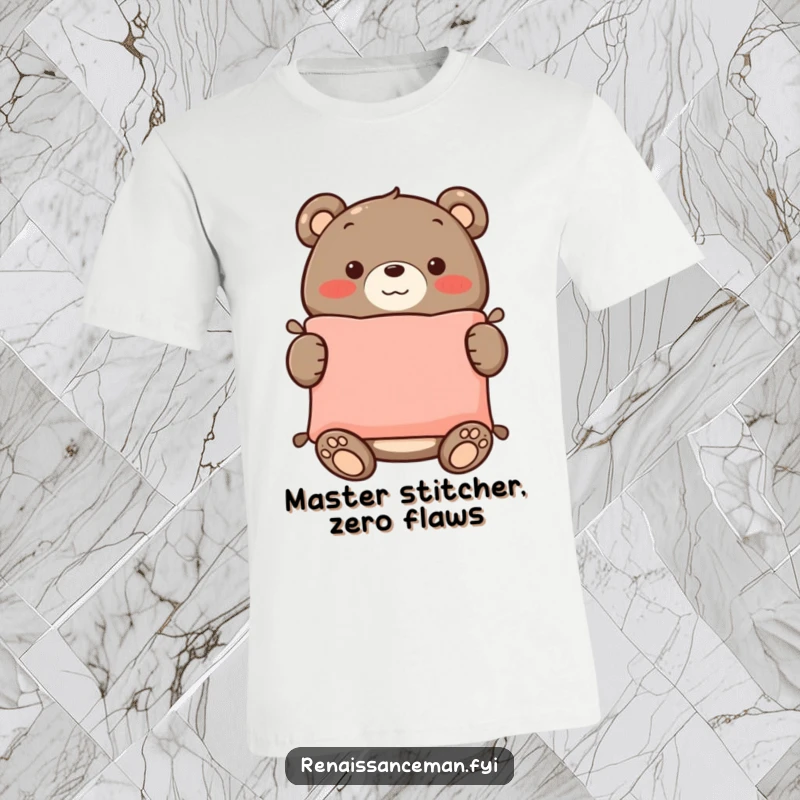 Funny t-shirt graphic of a proud bear with a wide smile, showcasing a perfectly sewn cushion he created, embodying crafting joy.