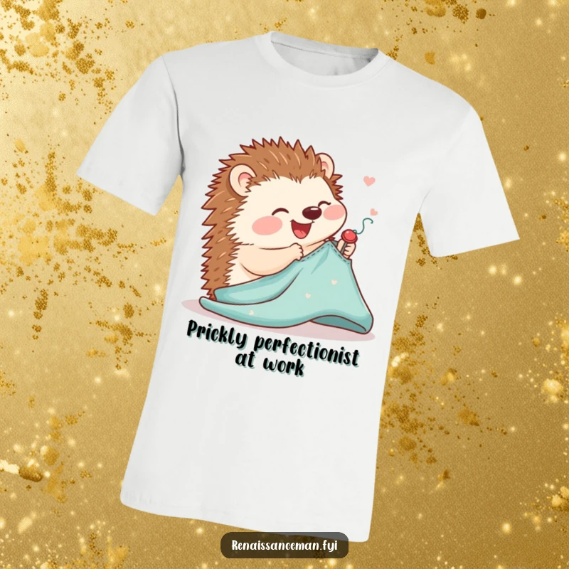 Funny t-shirt graphic of a joyful hedgehog delicately pinning a sewing pattern onto fabric with focused, gentle movements.