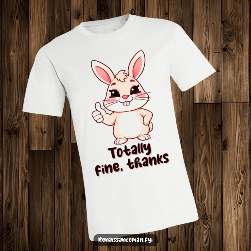 Funny t-shirt with a cheerful bunny giving a sarcastic thumbs up and a forced grin, conveying irony.