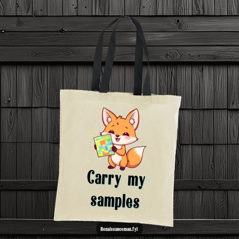 Funny tote bag with a happy fox enthusiastically presenting a colorful sample with a confident flourish.