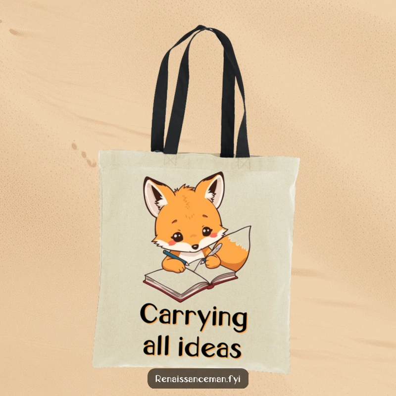 Funny creative fox using a quill to write notes in a notebook, illustrated on a durable tote bag.