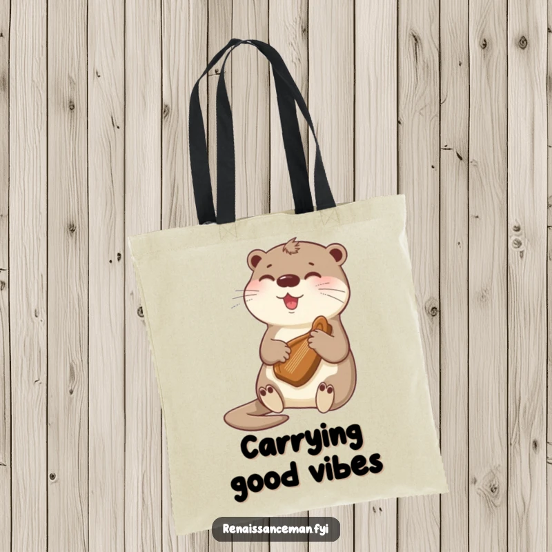 Funny otter playing a tiny harp, a charming tote bag for carrying essentials with a musical and adorable flair.
