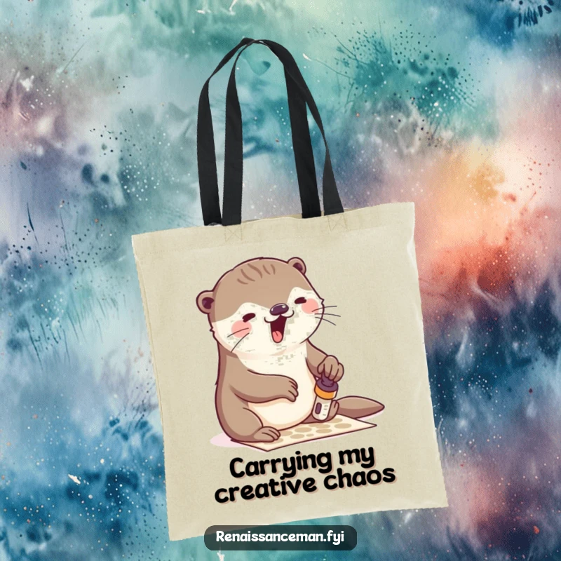 Funny otter stamping tote bag, illustrating energetic crafting and artistic flair, a practical and humorous accessory for art enthusiasts and gift-givers.