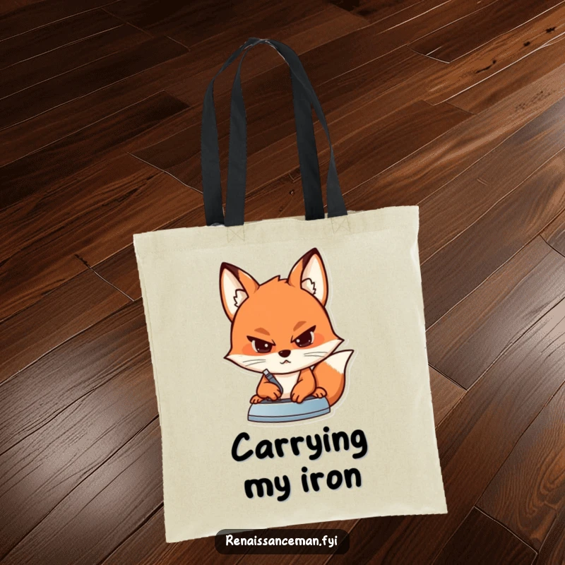 Funny tote bag showcasing a determined fox with a focused expression, ironing a seam on fabric, ideal for carrying supplies.