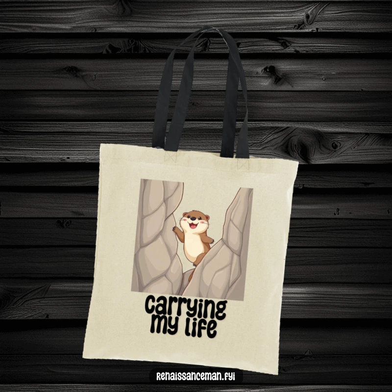 Funny otter tote bag, a determined otter character is scaling a difficult cliff with sticky paws, symbolizing ambition and success.
