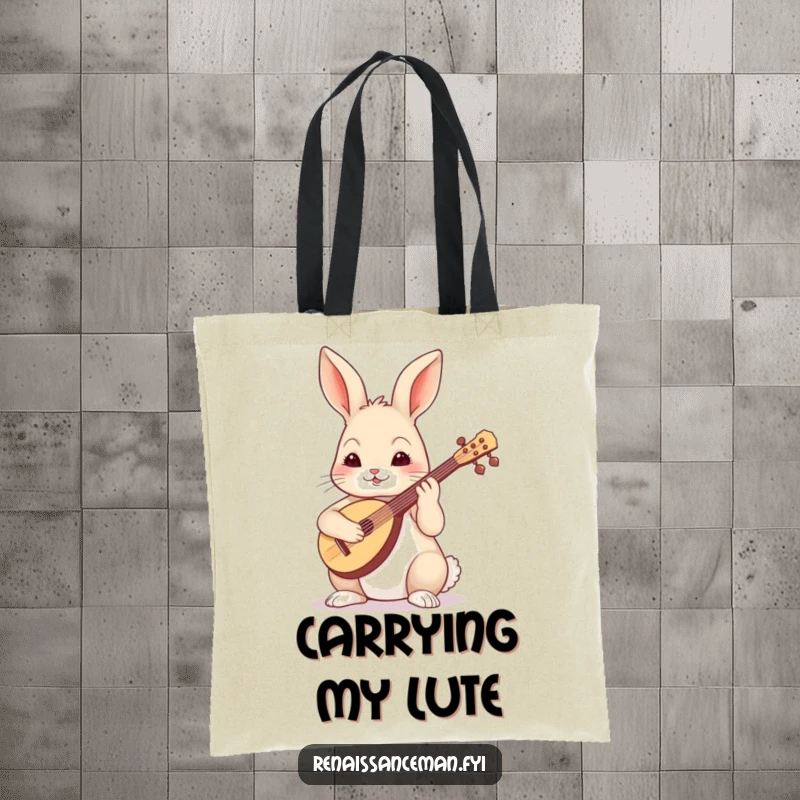 Funny skilled rabbit playing a lute with focus, illustrated on a durable tote bag.