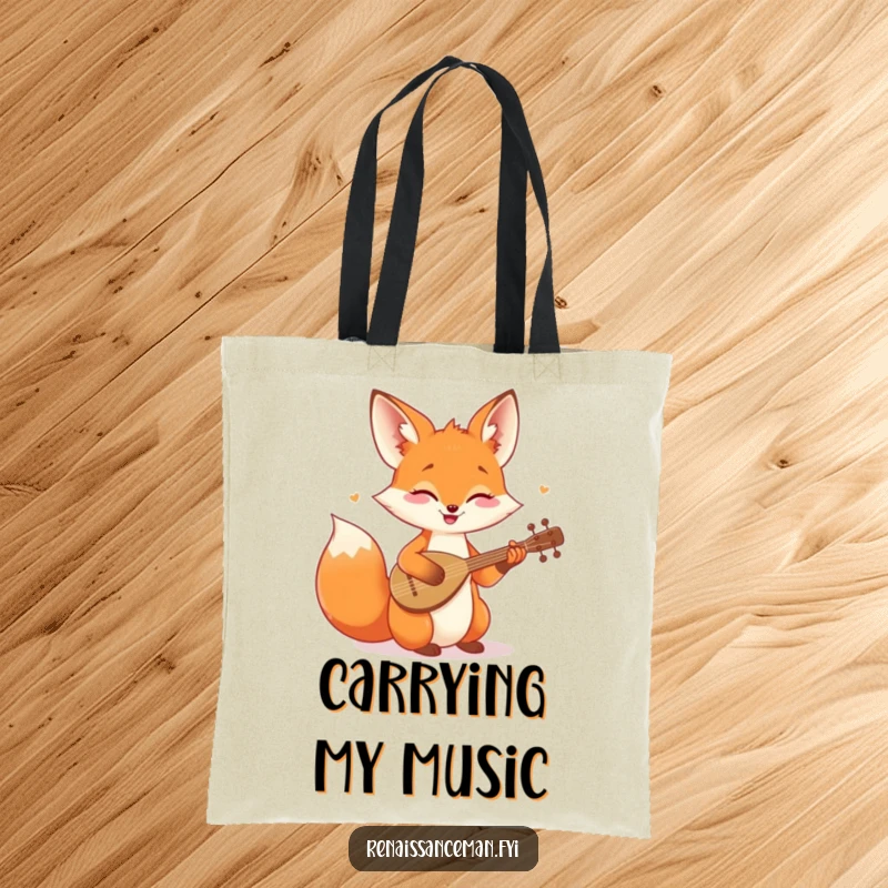 Funny tote bag with a cheerful fox playing a tiny lute, perfect for carrying music accessories or daily items.