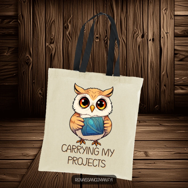 Funny tote bag with a curious owl holding a vibrant spool of thread, eyes focused, ready to carry sewing notions.