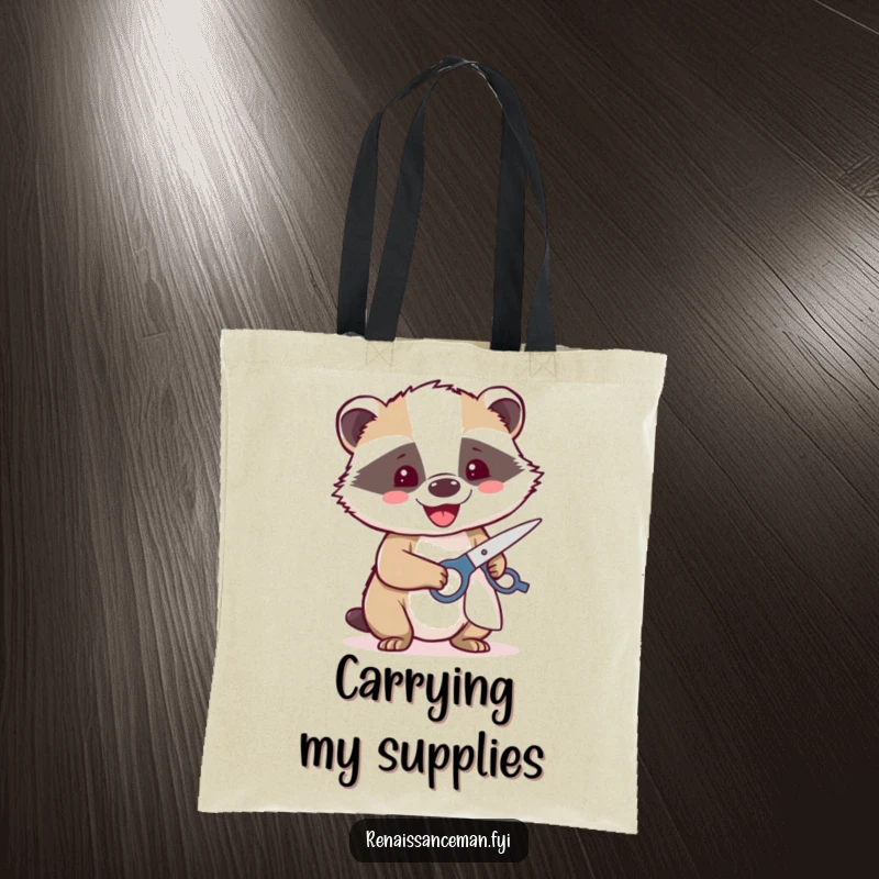Funny tote bag with a beaming badger happily using sharp scissors to cut fabric, ready to carry sewing notions.