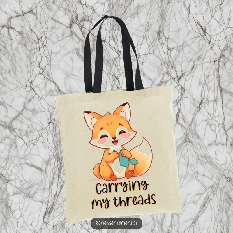 Funny tote bag showcasing a playful fox giggling while stitching a patch, perfect for carrying essentials with a dose of humor.