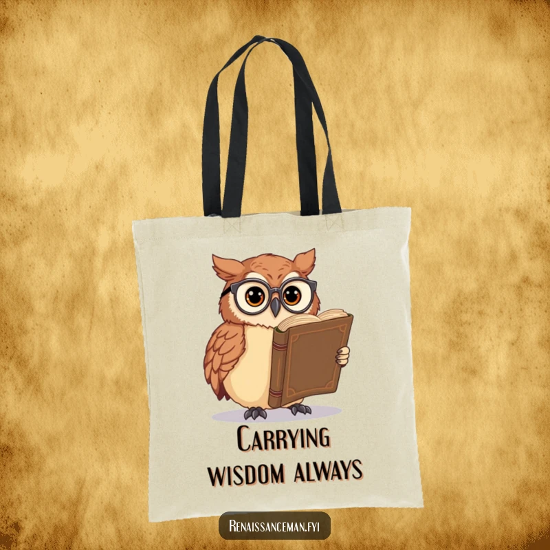 Funny owl tote bag, wearing glasses, reading a large book, functional and stylish, perfect for carrying books and academic essentials.